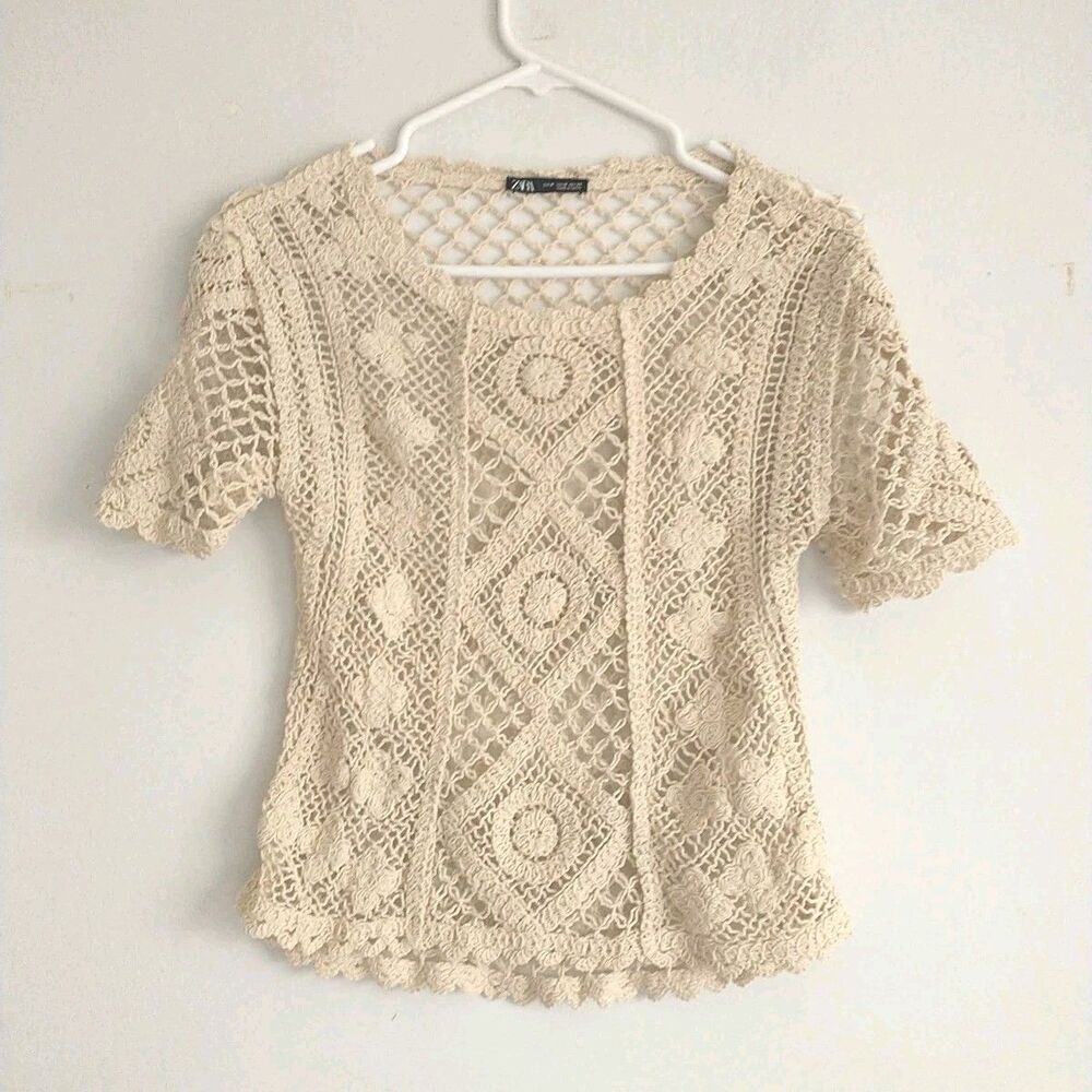 Zara Top Teen M/XS*White Floral Crochet Lace Boho Scallop Cottagecore Sheer